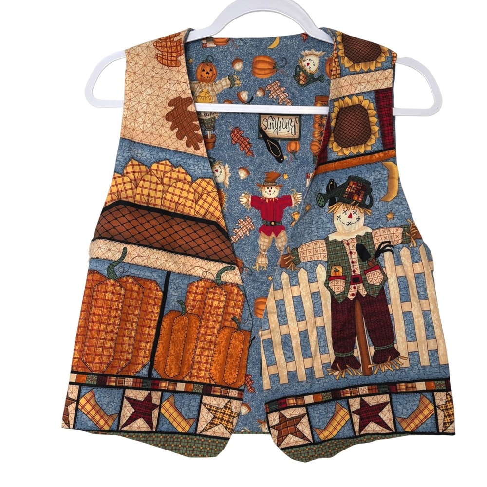 Vtg 90s Autumn Quilted Vest Scarecrow Pumpkin Teachercore S/M Fall Harvest Vest